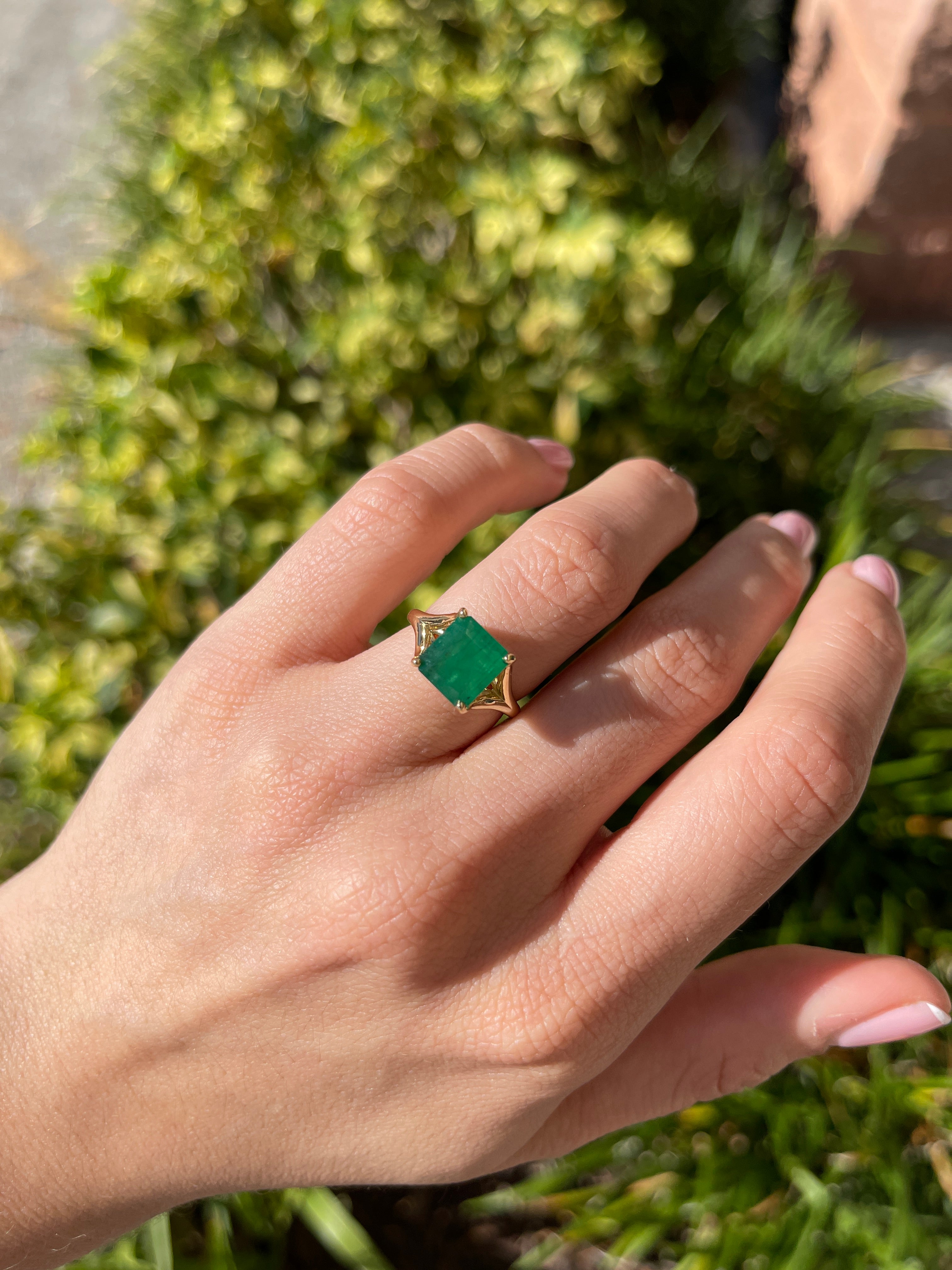 2.20ct 14K Mossy Green Asscher Cut Solitaire Split Shank Right Hand Ring - JR Colombian Emeralds