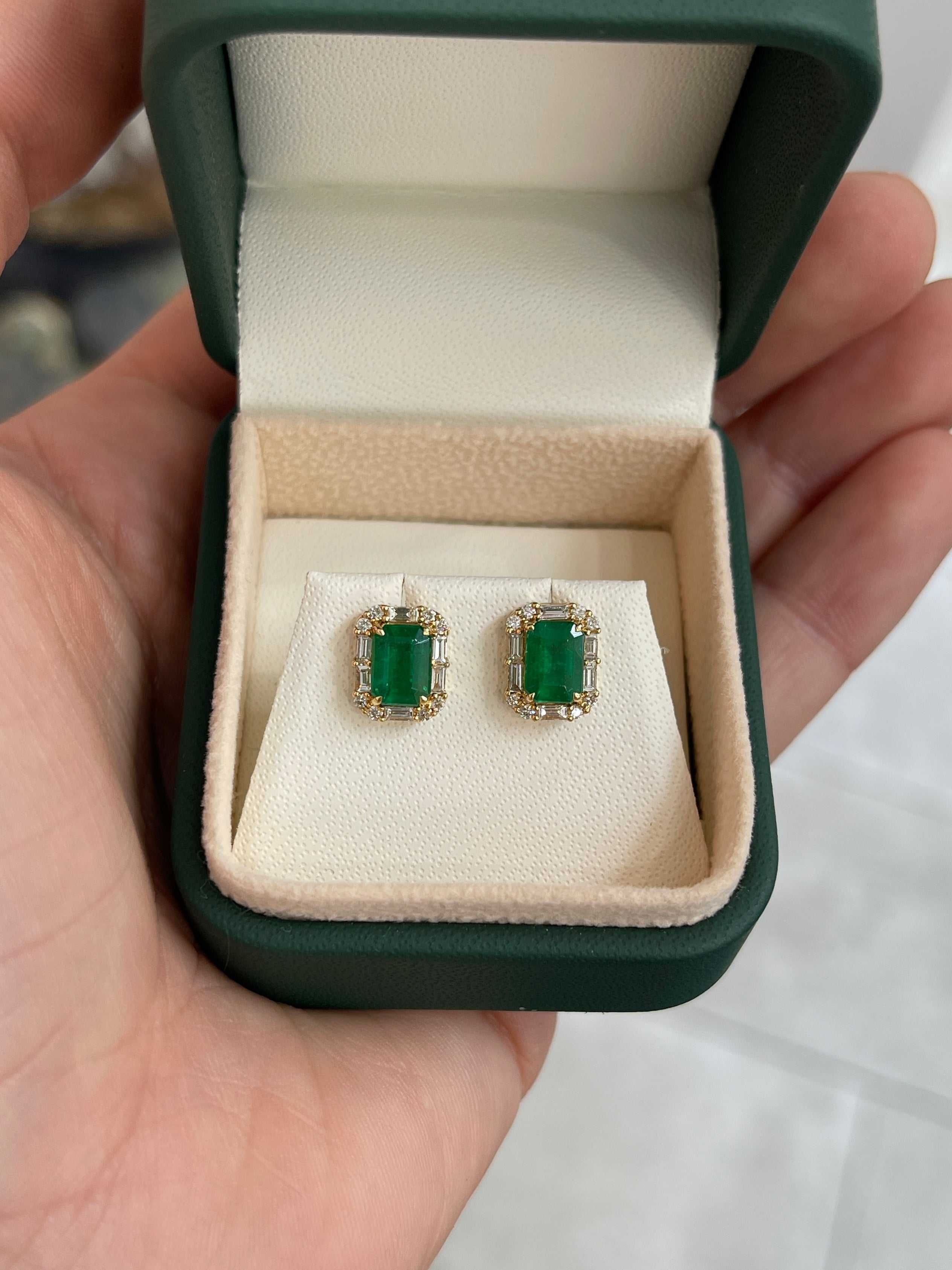 2.36tcw 18K Rich Green Emerald & Baguette Diamond Halo Stud Earrings - JR Colombian Emeralds