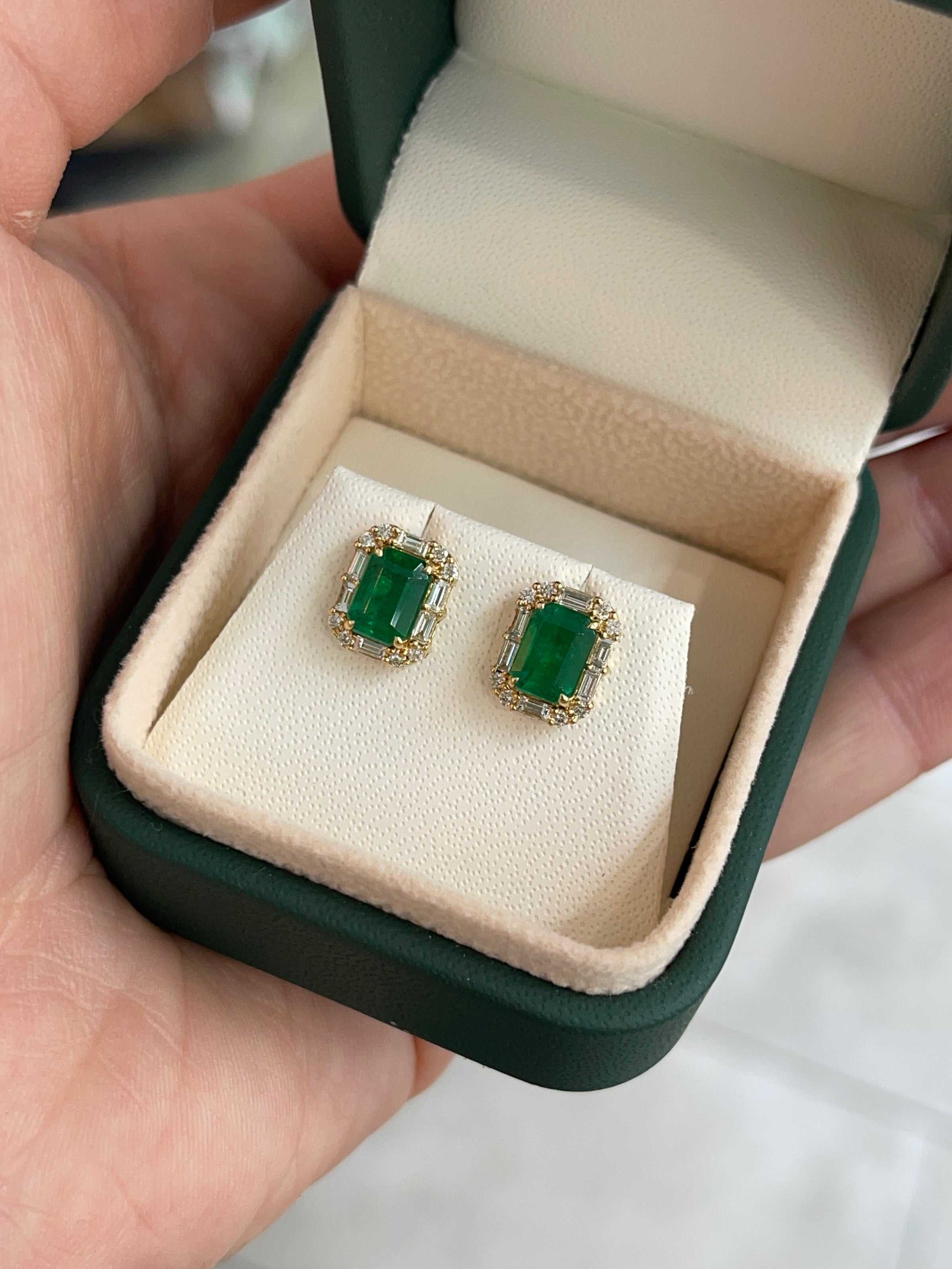 2.36tcw 18K Rich Green Emerald & Baguette Diamond Halo Stud Earrings - JR Colombian Emeralds