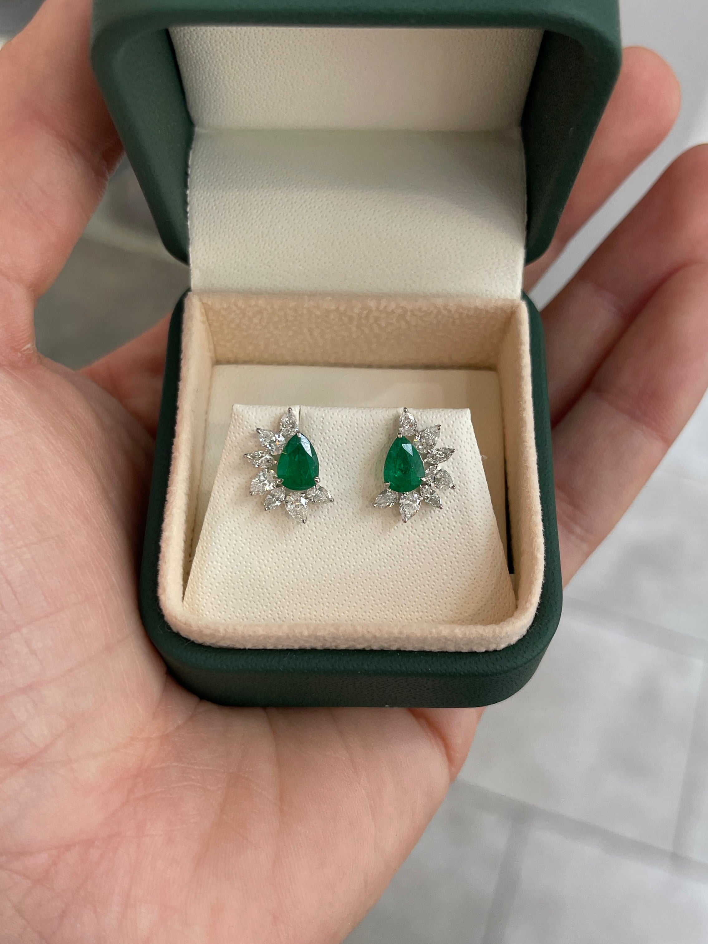 2.51tcw 18K Natural Rich Green Pear Emerald & Pear Diamond Starburst Stud Earrings - JR Colombian Emeralds