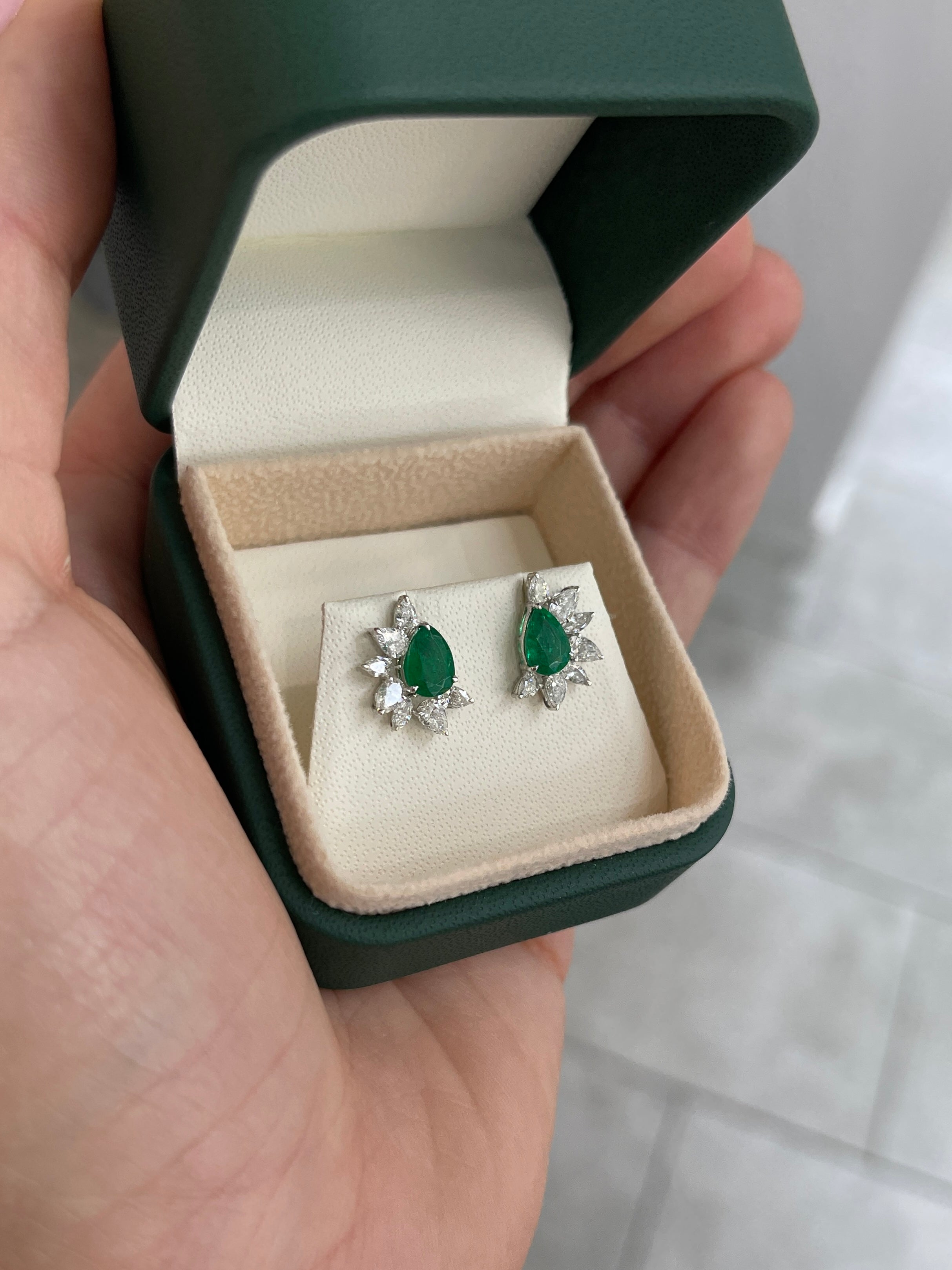 2.51tcw 18K Natural Rich Green Pear Emerald & Pear Diamond Starburst Stud Earrings - JR Colombian Emeralds