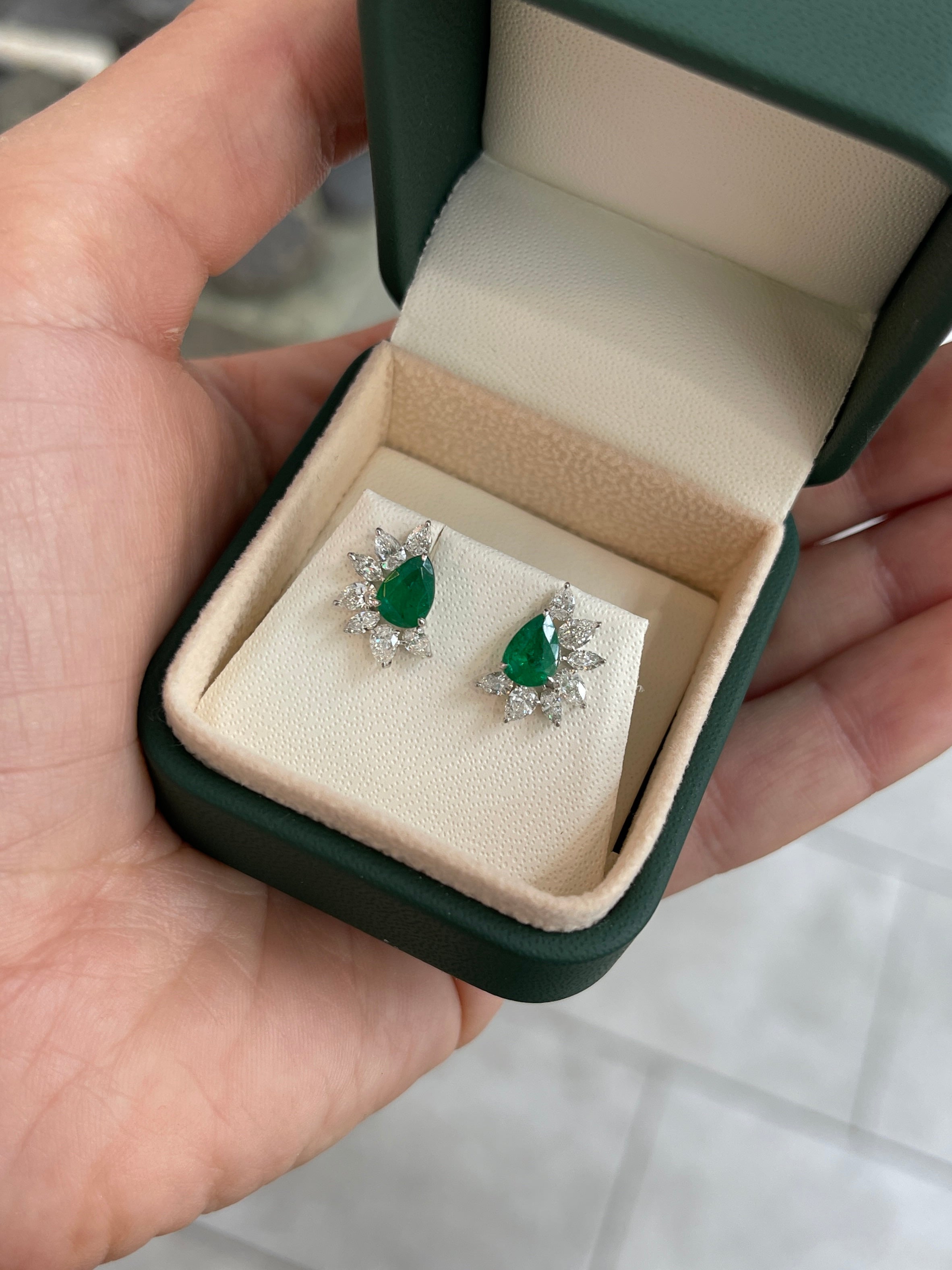2.51tcw 18K Natural Rich Green Pear Emerald & Pear Diamond Starburst Stud Earrings - JR Colombian Emeralds