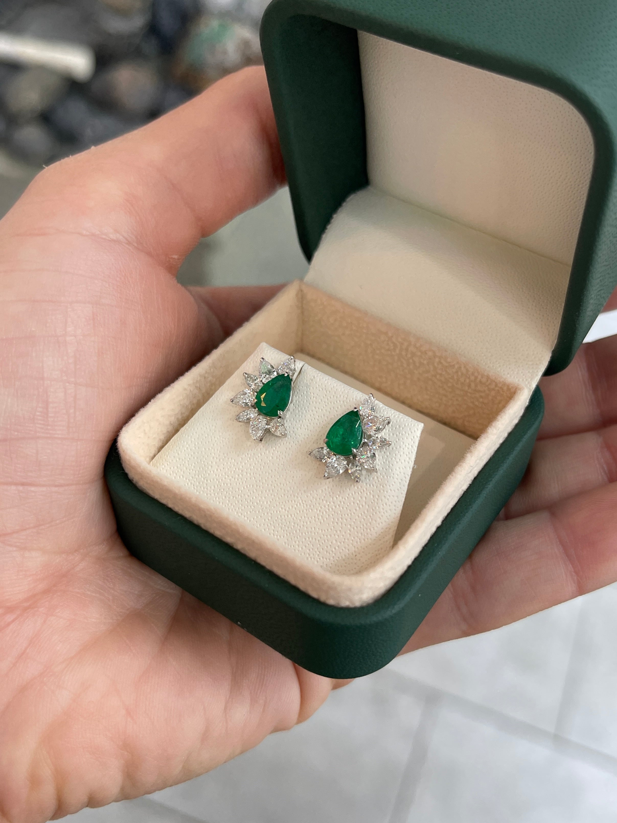 2.51tcw 18K Natural Rich Green Pear Emerald & Pear Diamond Starburst Stud Earrings - JR Colombian Emeralds