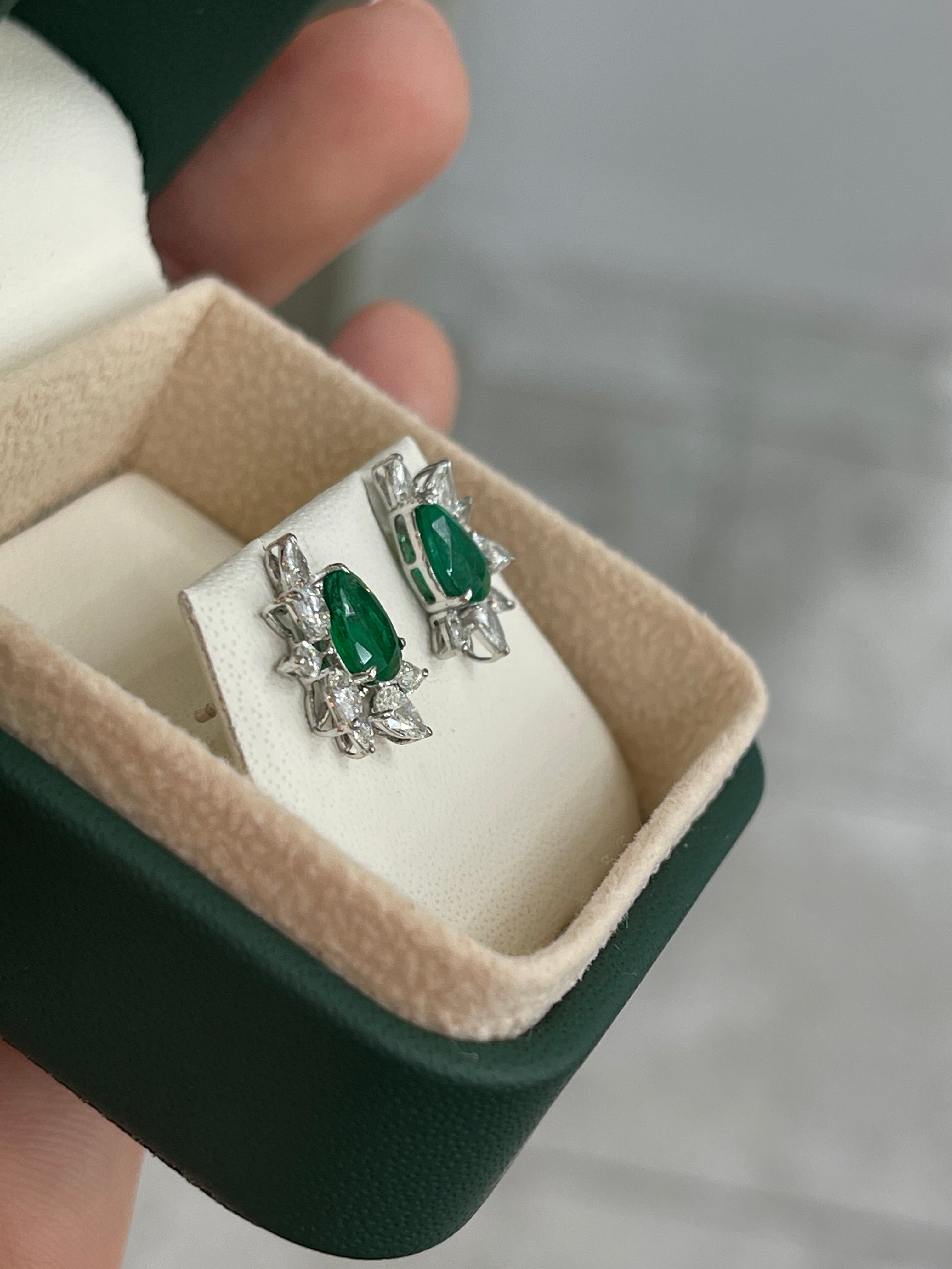 2.51tcw 18K Natural Rich Green Pear Emerald & Pear Diamond Starburst Stud Earrings - JR Colombian Emeralds