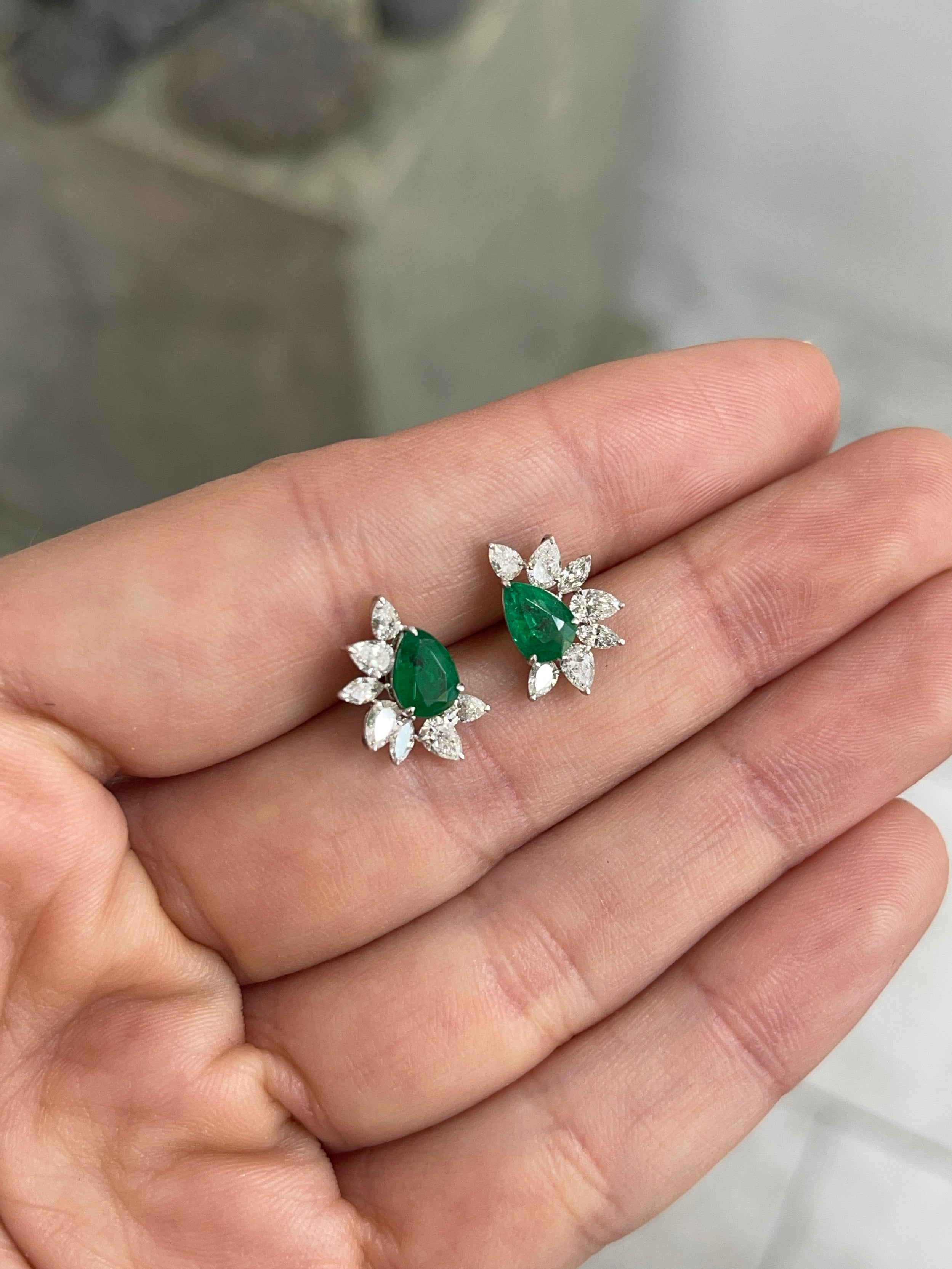 2.51tcw 18K Natural Rich Green Pear Emerald & Pear Diamond Starburst Stud Earrings - JR Colombian Emeralds
