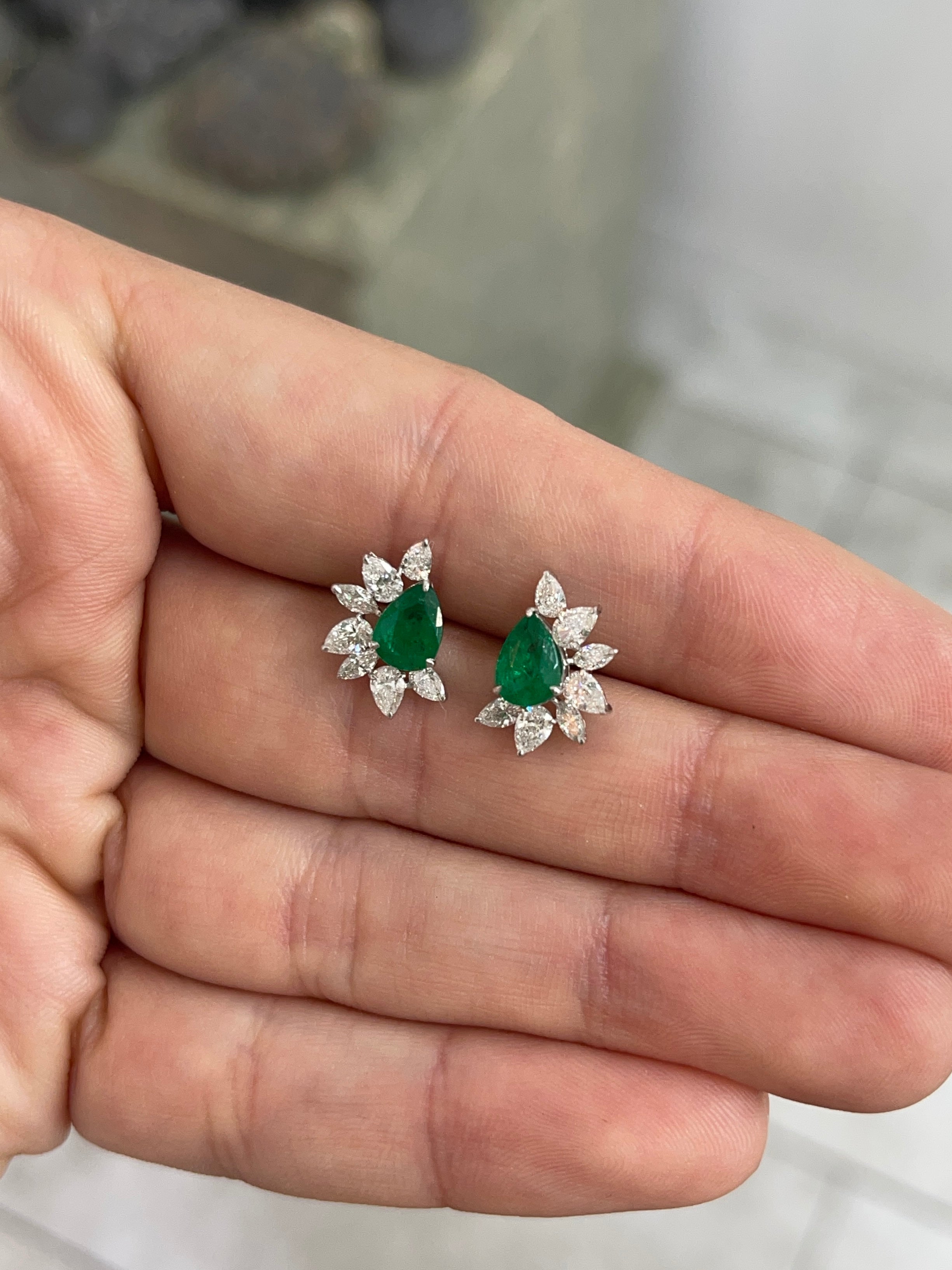 2.51tcw 18K Natural Rich Green Pear Emerald & Pear Diamond Starburst Stud Earrings - JR Colombian Emeralds