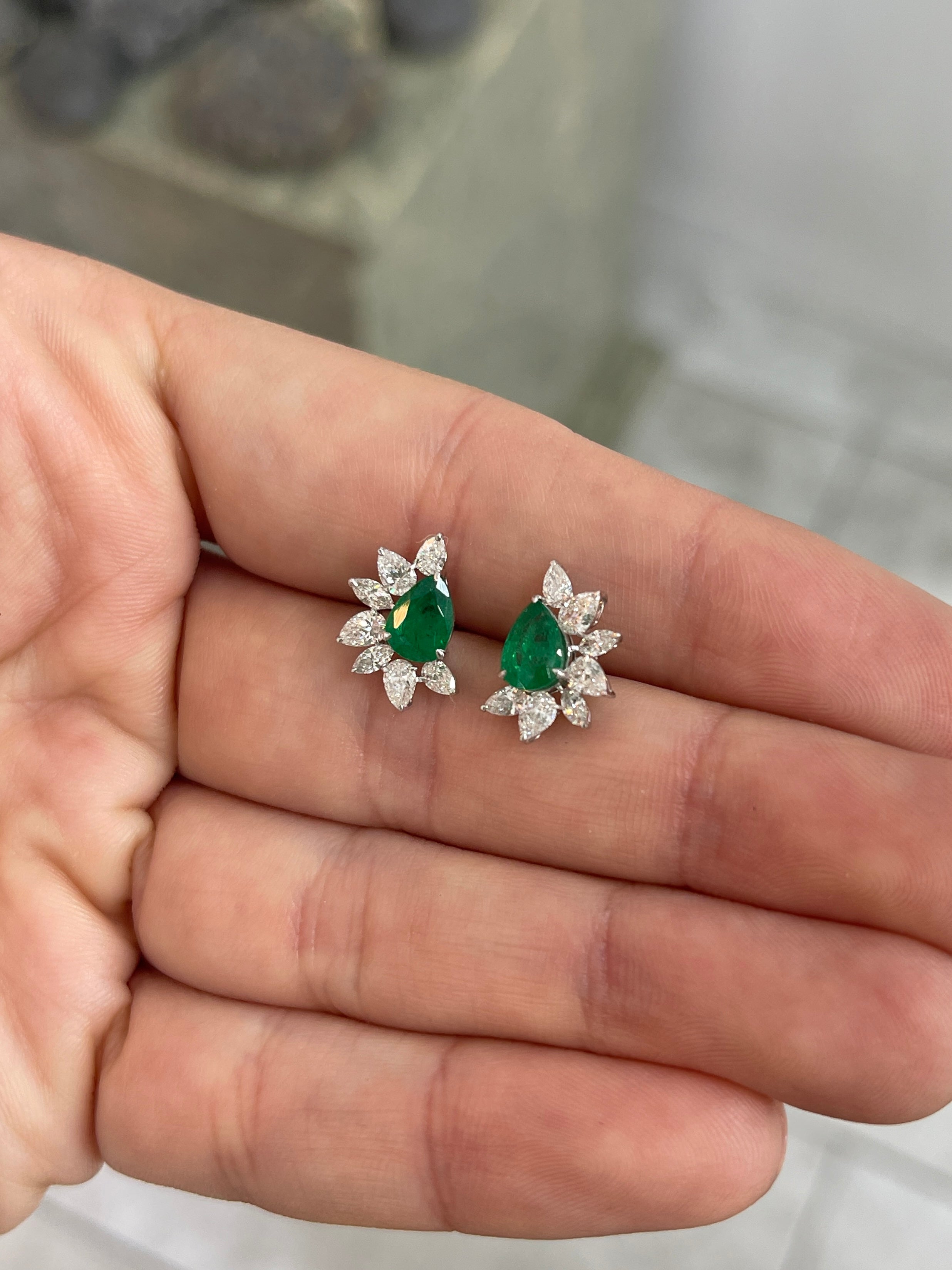 2.51tcw 18K Natural Rich Green Pear Emerald & Pear Diamond Starburst Stud Earrings - JR Colombian Emeralds