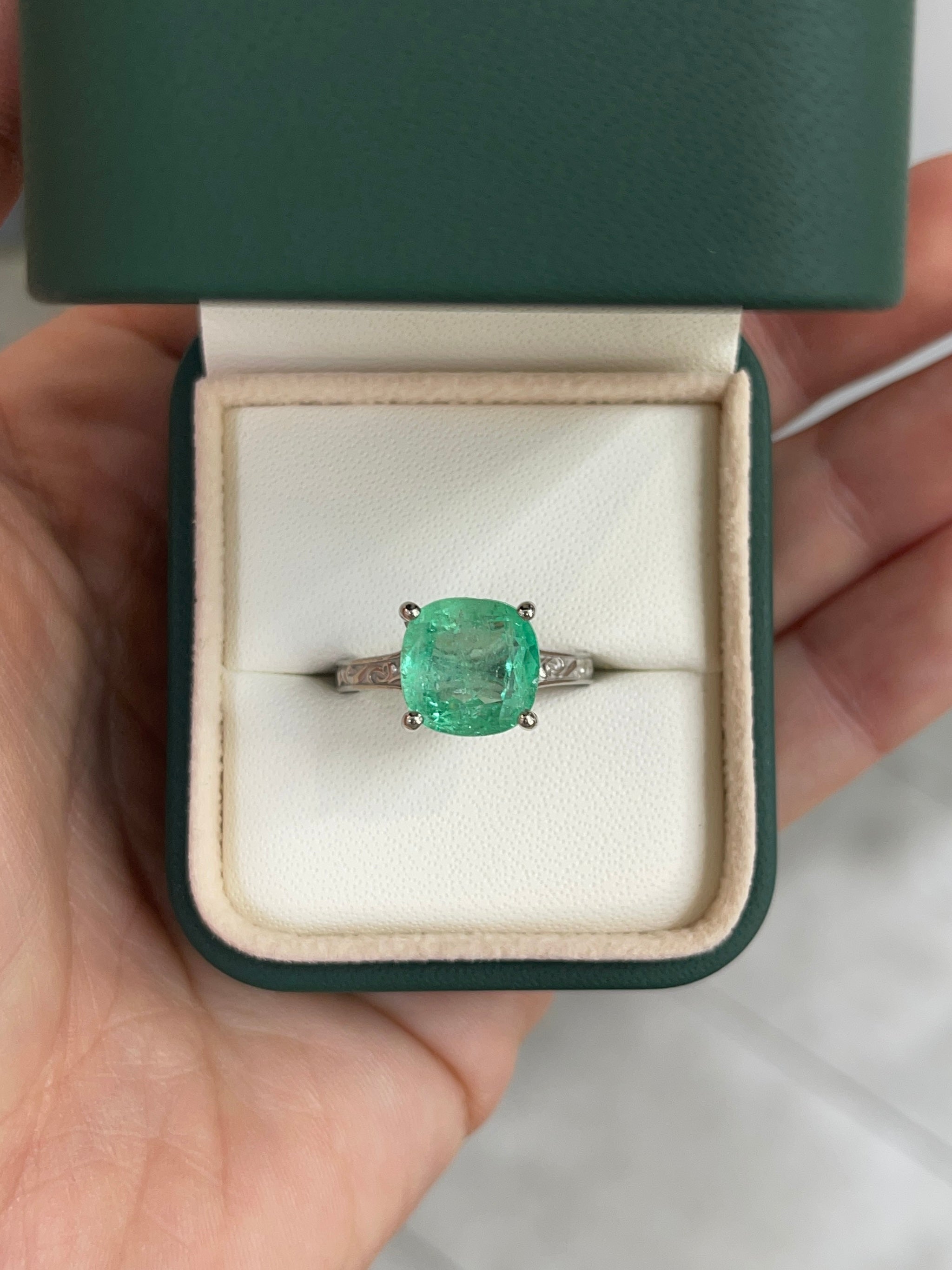 5.34ct Natural Colombian Emerald Seafoam Green Cushion Cut Emerald Right Hand Ring - JR Colombian Emeralds