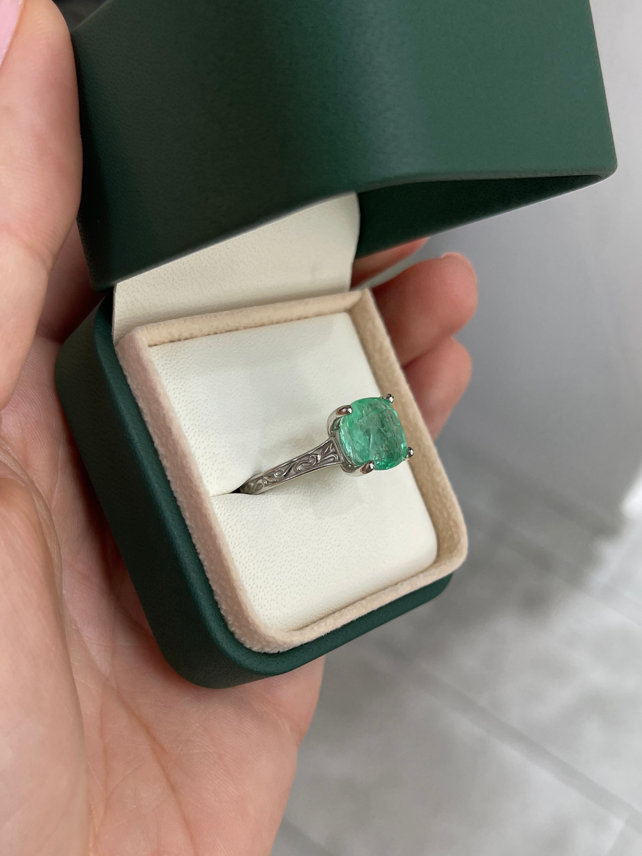 5.34ct Natural Colombian Emerald Seafoam Green Cushion Cut Emerald Right Hand Ring - JR Colombian Emeralds