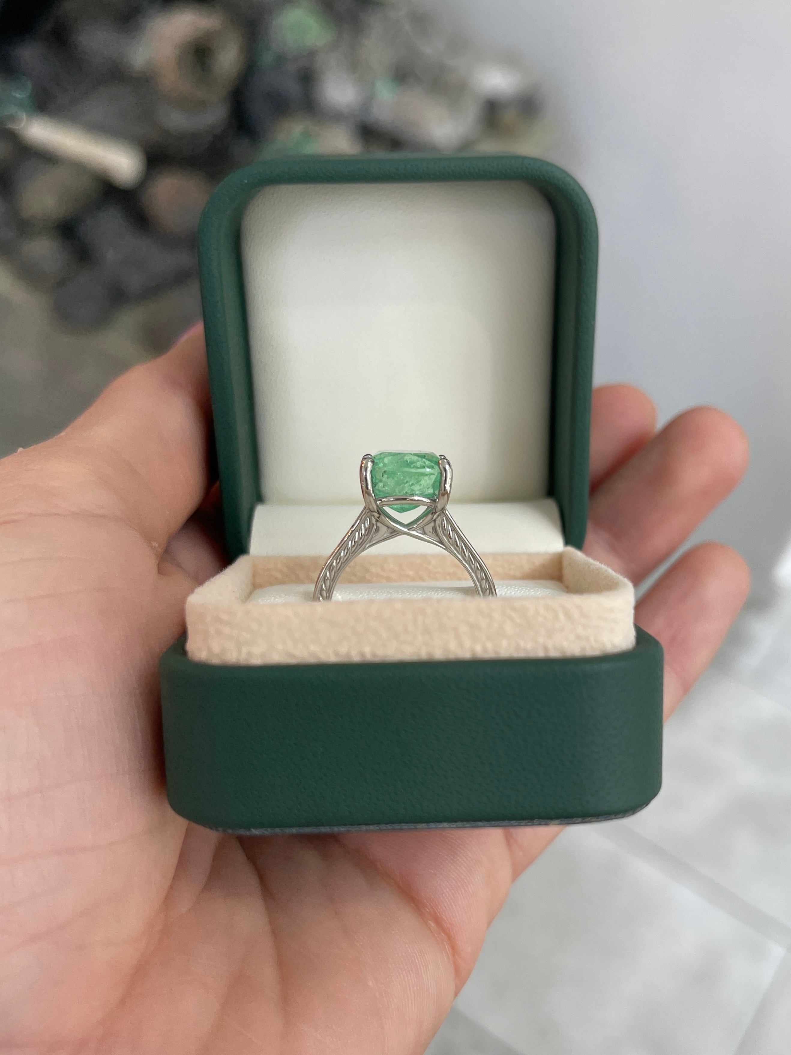 5.34ct Natural Colombian Emerald Seafoam Green Cushion Cut Emerald Right Hand Ring - JR Colombian Emeralds
