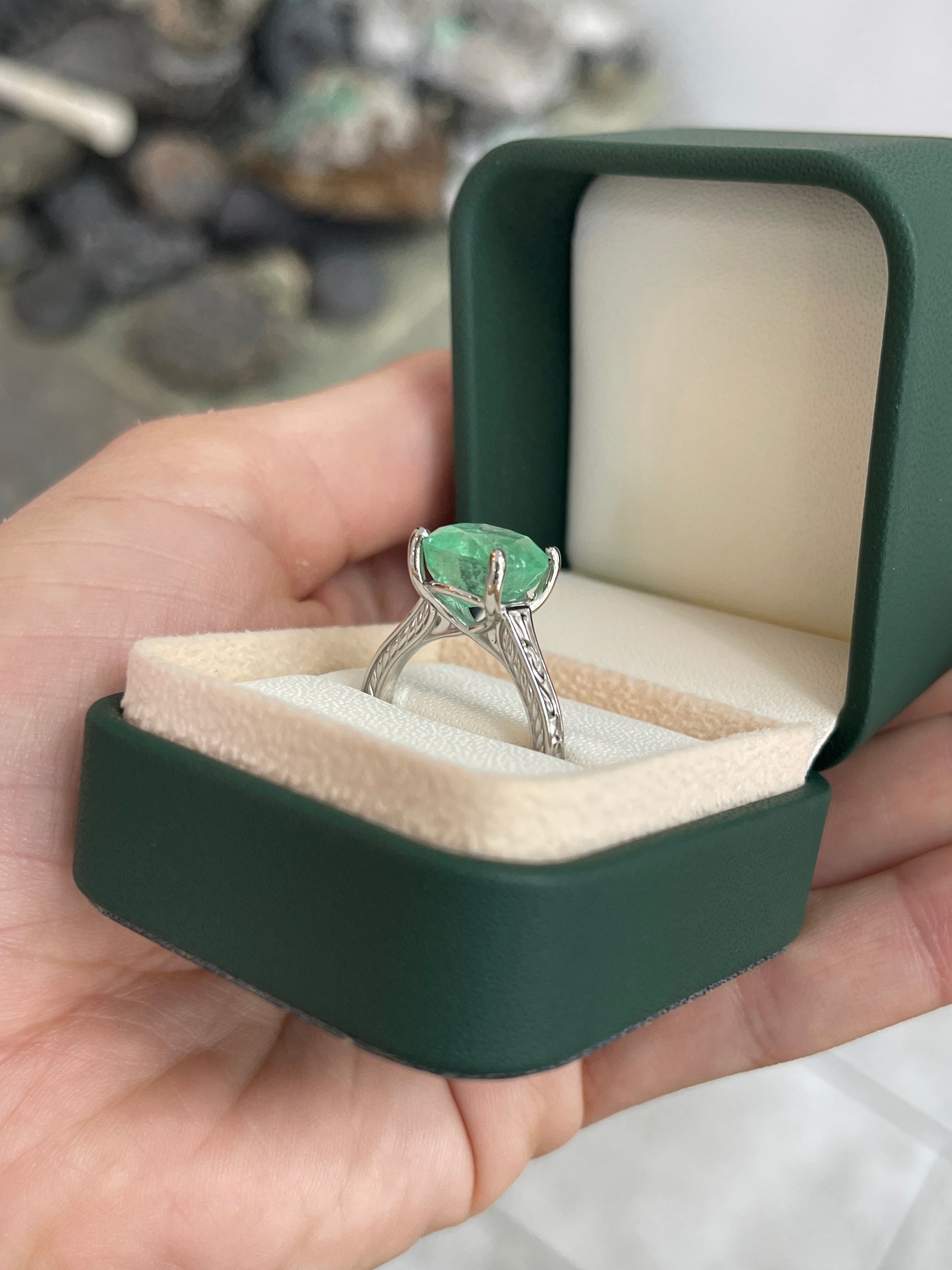 5.34ct Natural Colombian Emerald Seafoam Green Cushion Cut Emerald Right Hand Ring - JR Colombian Emeralds