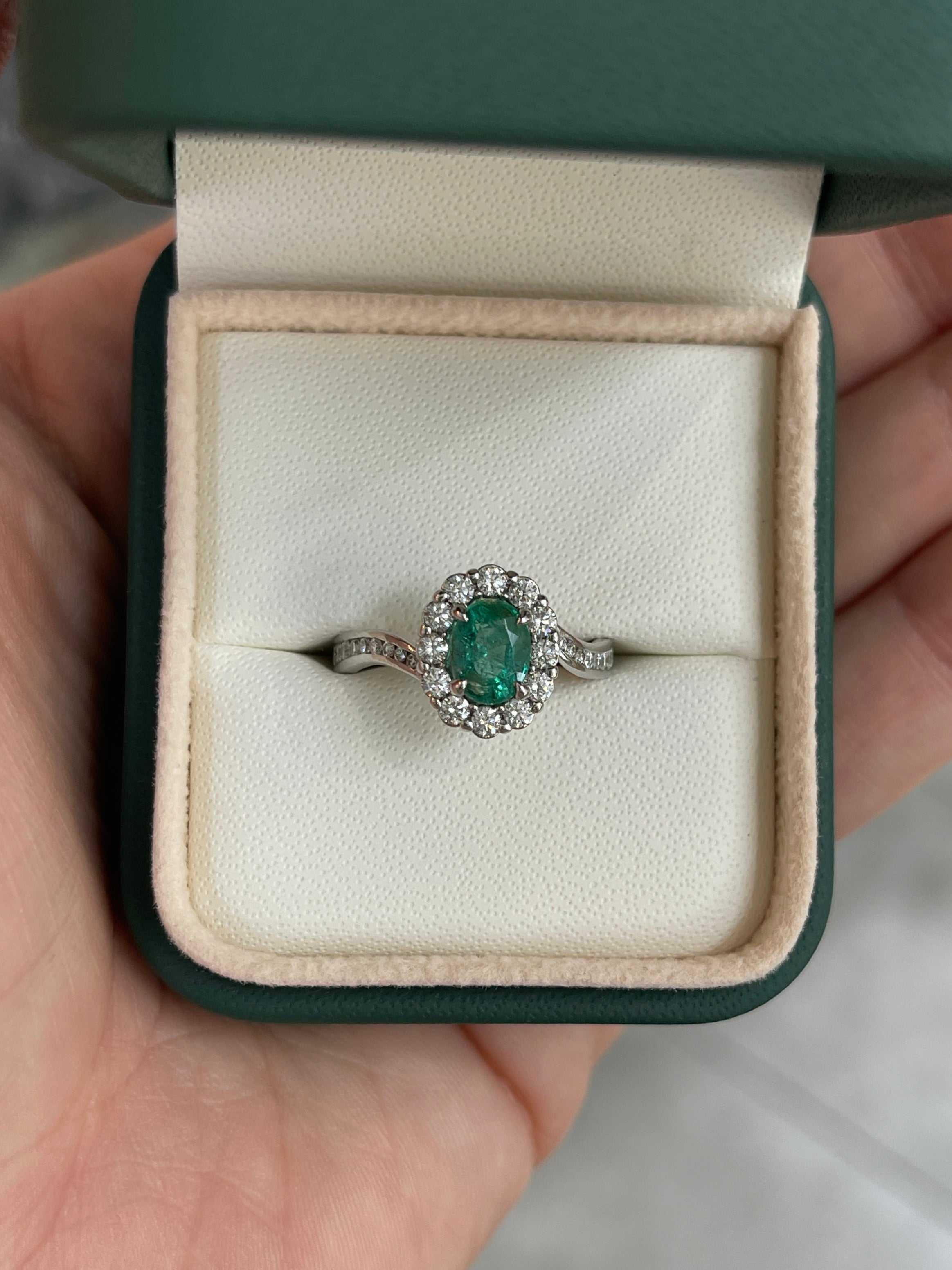 1.41tcw 14K Natural Oval Emerald & Diamond Halo Shank Engagement Ring - JR Colombian Emeralds