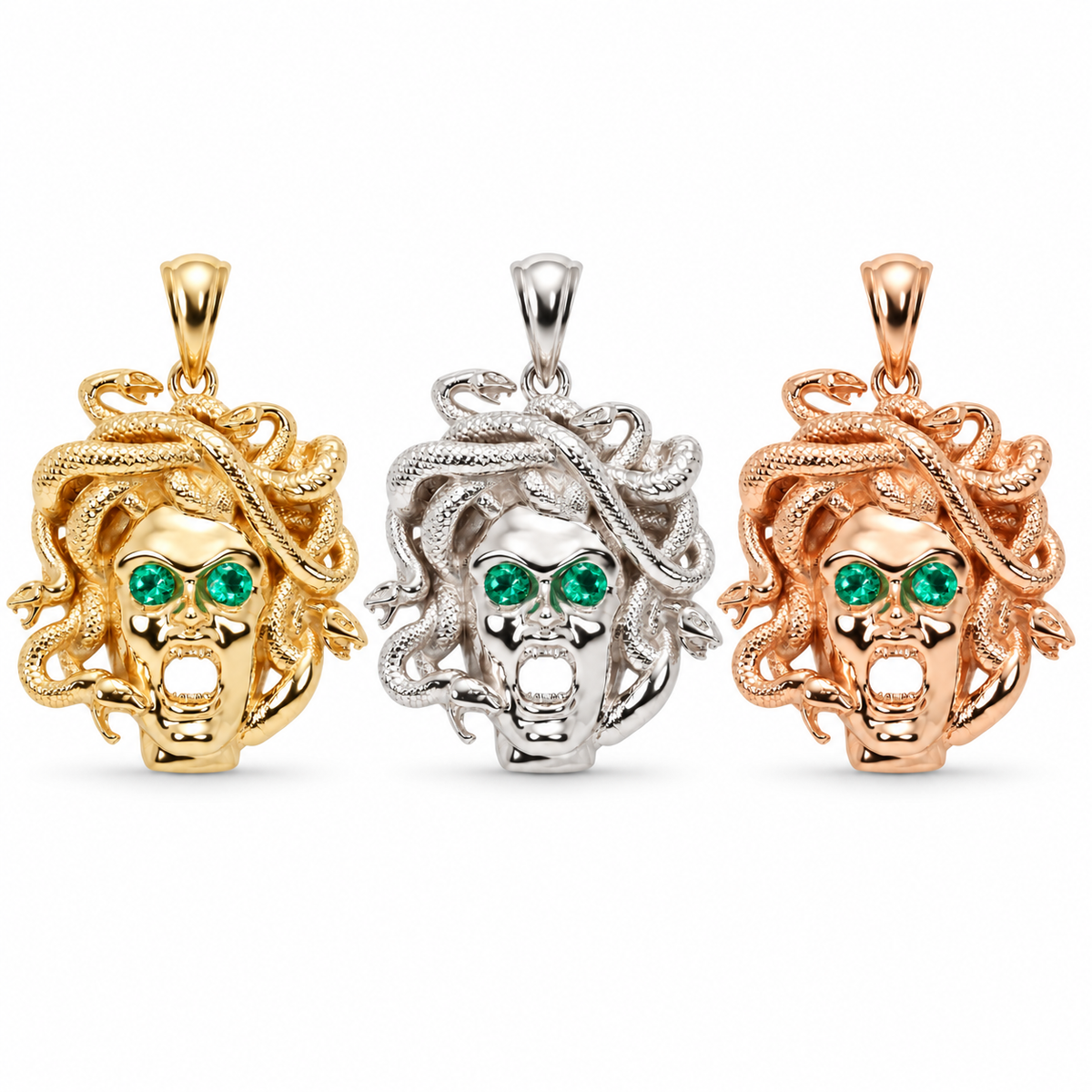 0.12tcw Solid Gold Emerald Medusa Sneak Head Pendant 14K