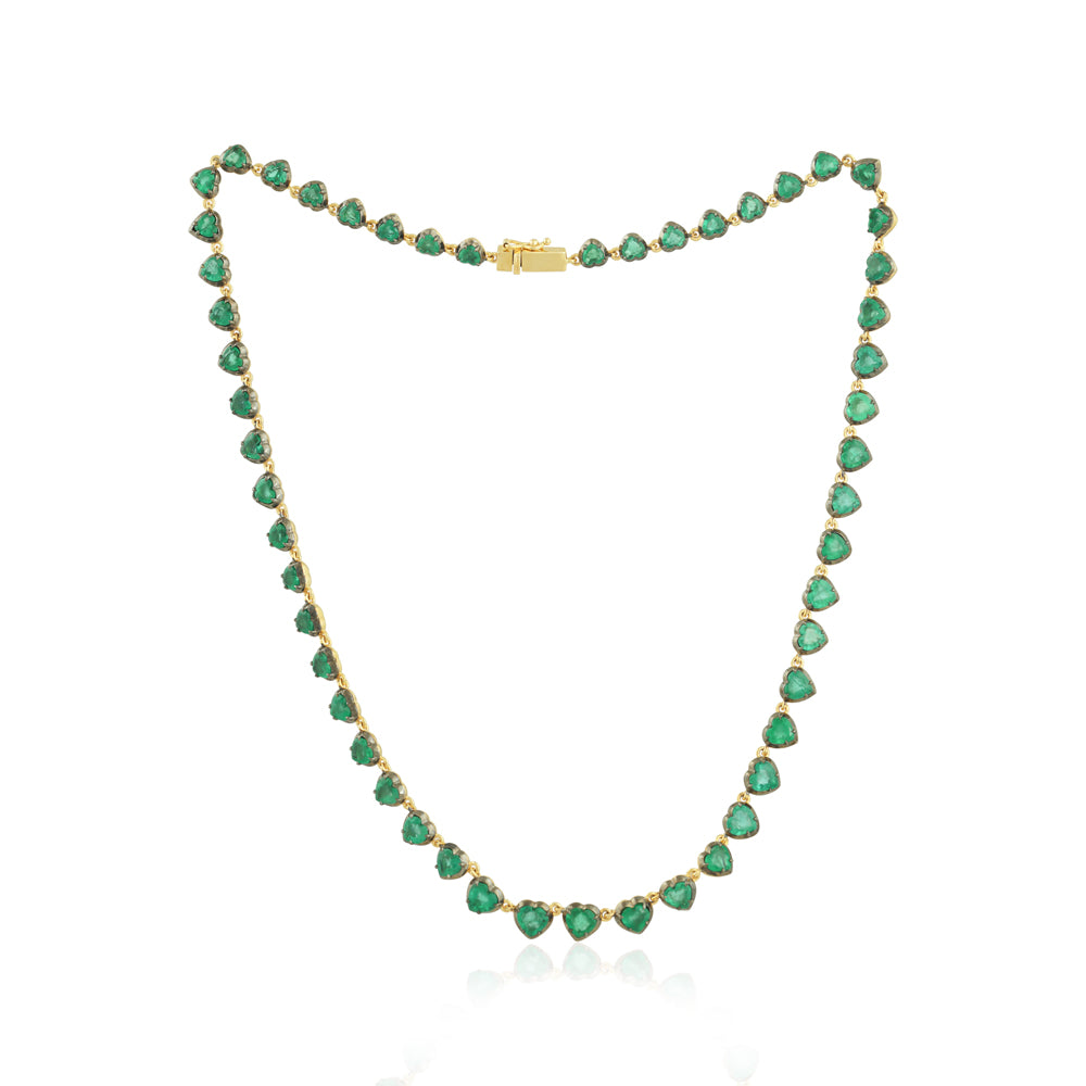 19.66tcw 14K Remarkable Heart Cut Emerald Button Back Gold 17" Tennis Necklace
