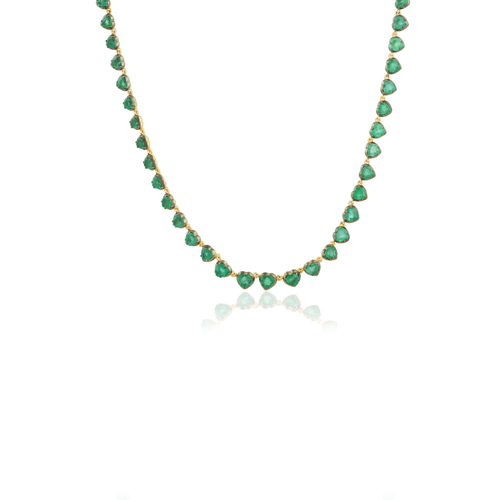 19.66tcw 14K Remarkable Heart Cut Emerald Button Back Gold 17" Tennis Necklace