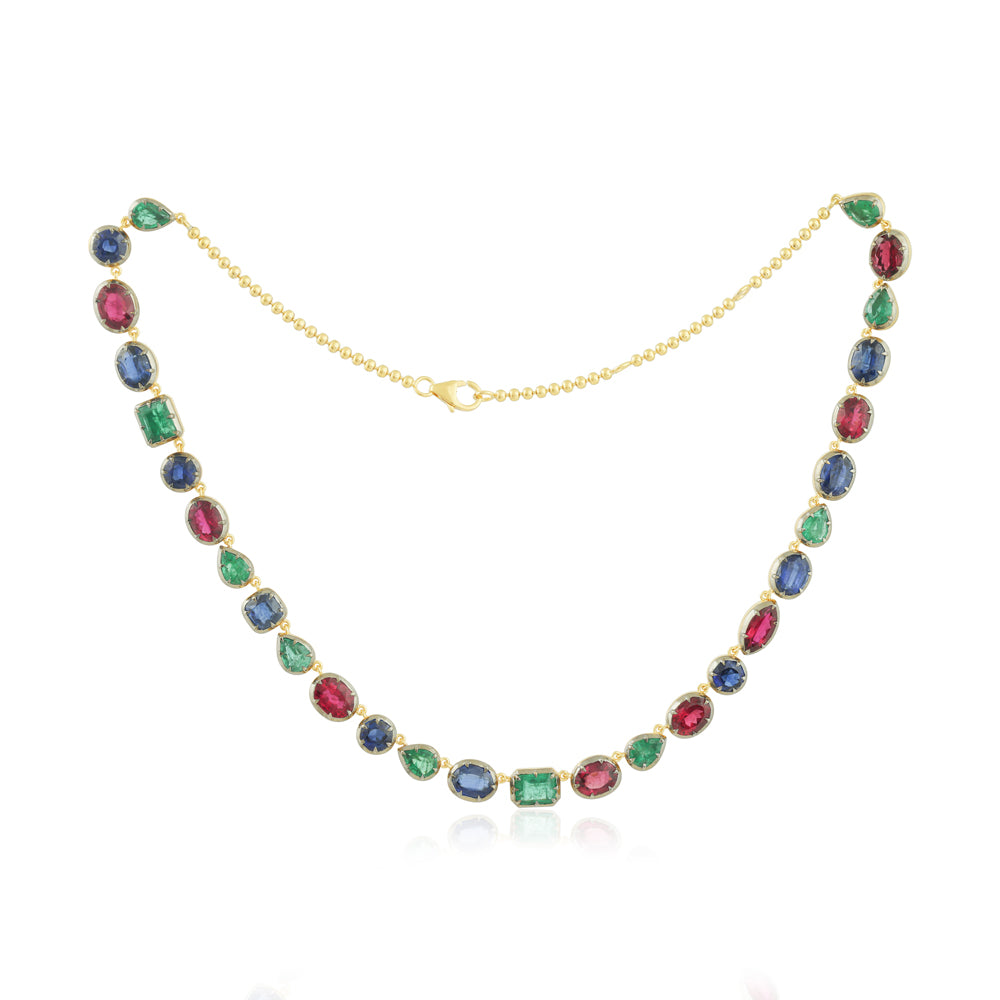 Natural emerald, ruby, and kyanite mixed gemstone necklace with a 17-inch 925 silver chain by JR Colombian Emeralds.