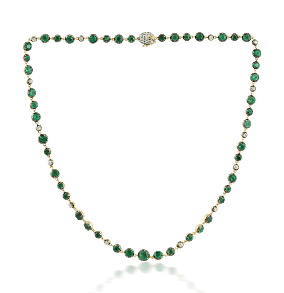 15.42tcw 18K Statement Emerald & Diamond Alternating Button Back Gold Tennis Necklace