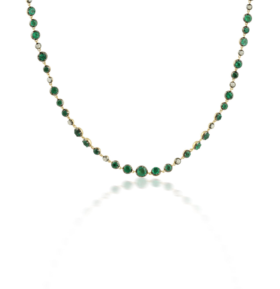 15.42tcw 18K Statement Emerald & Diamond Alternating Button Back Gold Tennis Necklace