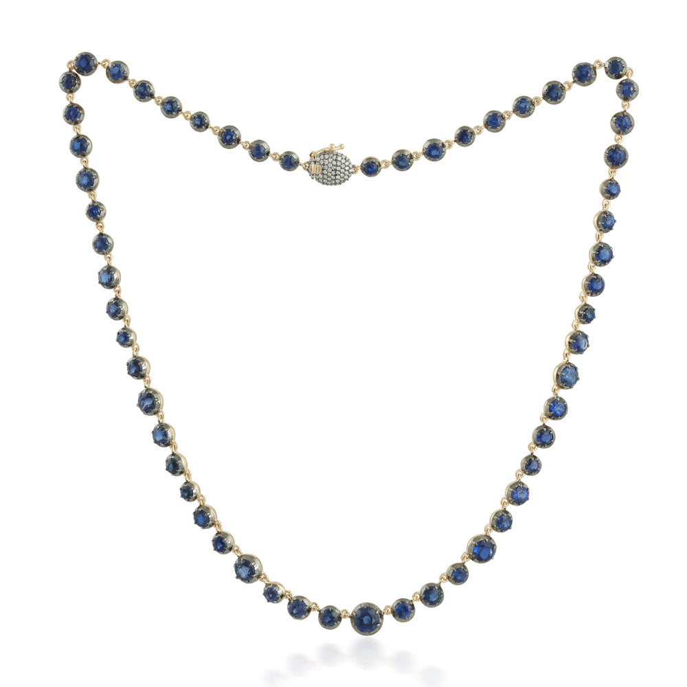 14K natural round cut deep blue Kyanite button tennis necklace with diamond clasp, 17-inch length by JR Colombian Emeralds.