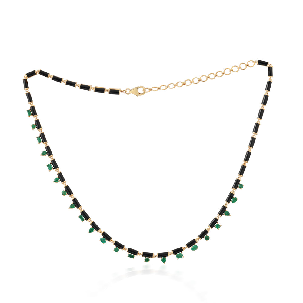 JR Colombian Emeralds 18-inch necklace featuring custom-cut onyx and natural emerald fringe with mix-shaped stones.