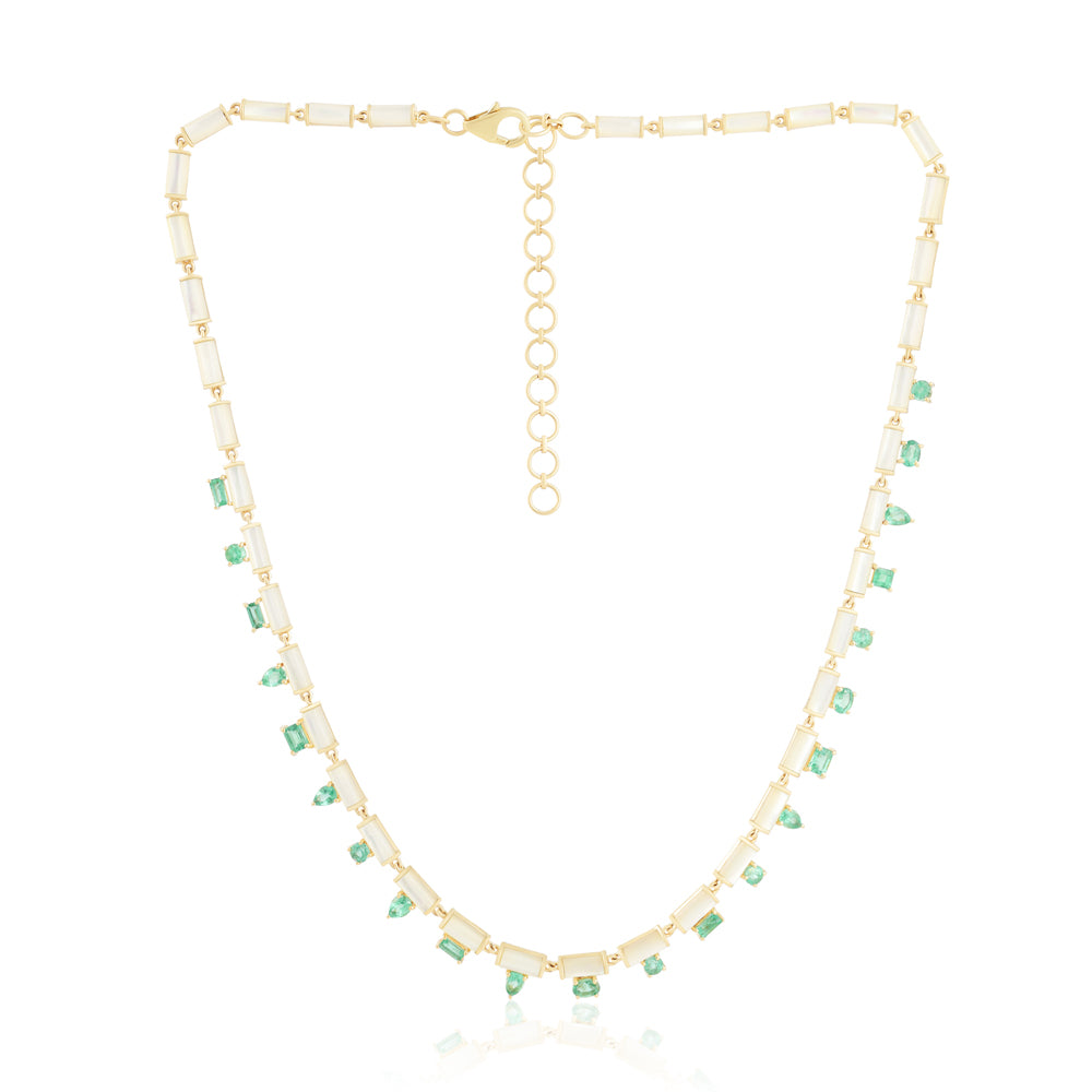 14K gold necklace with 22.68 tcw mix cut emeralds and mother of pearl fringe, 18-inch length, by JR Colombian Emeralds.