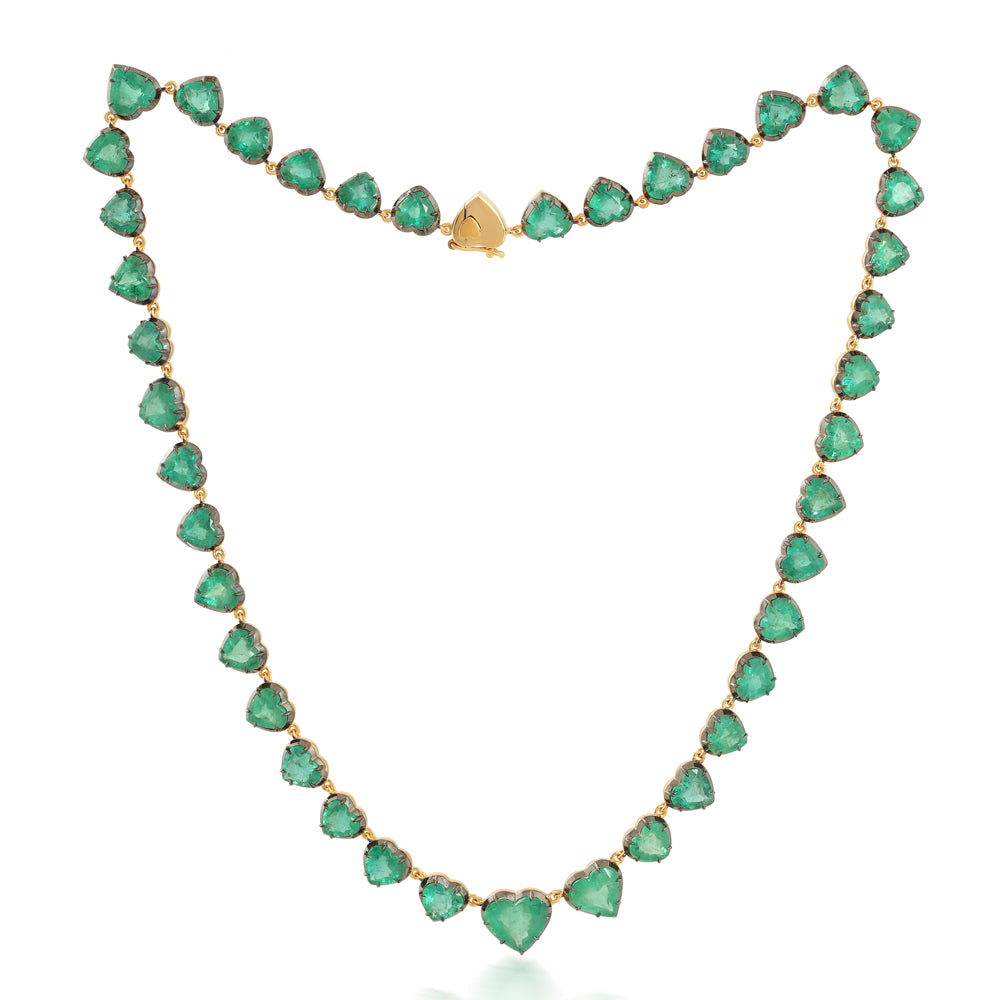 14K gold emerald tennis necklace with black rhodium, featuring a heart-shaped cut, 60.98 carats, 18-inch length, by JR Colombian Emeralds.
