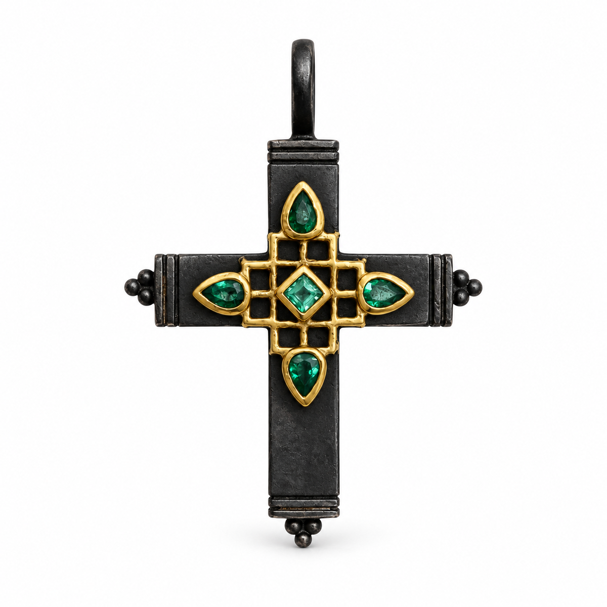 Gothic Emerald Crucifix Gold & Blackened Silver