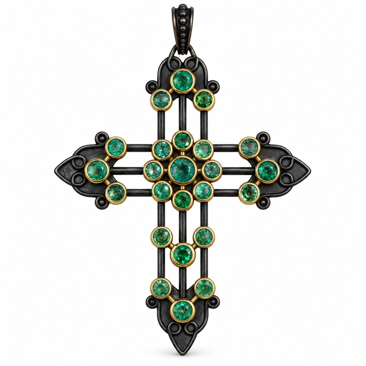 3.95tcw Gothic Emerald Crucifix 14K Gold & Blackened Silver