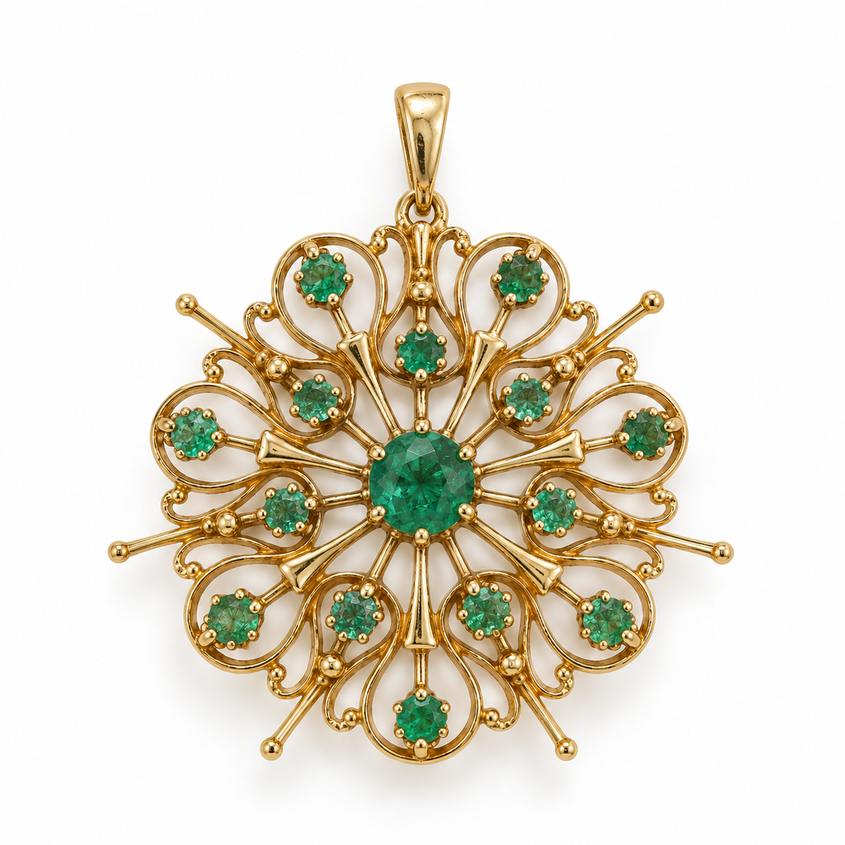 2.91tcw Vintage Emerald Starburst Medallion Necklace 14K 1.80 Inches x 1.80 Inches