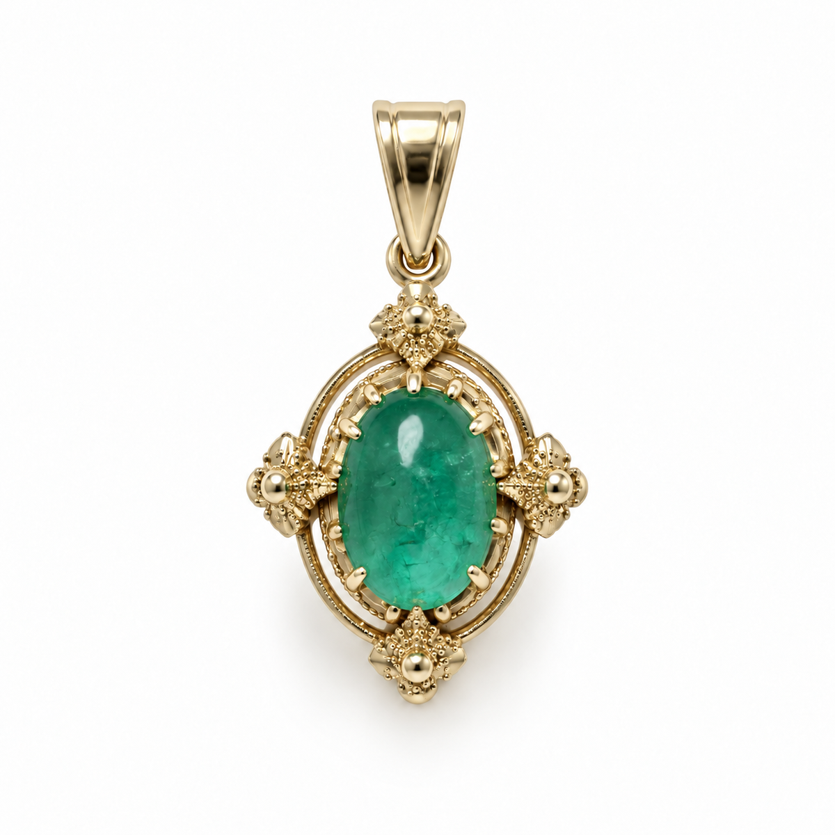 1.82ct 14K Natural Cabochon Cut Oval Emerald Solitaire Gothic Gold Pendant in Yellow Gold