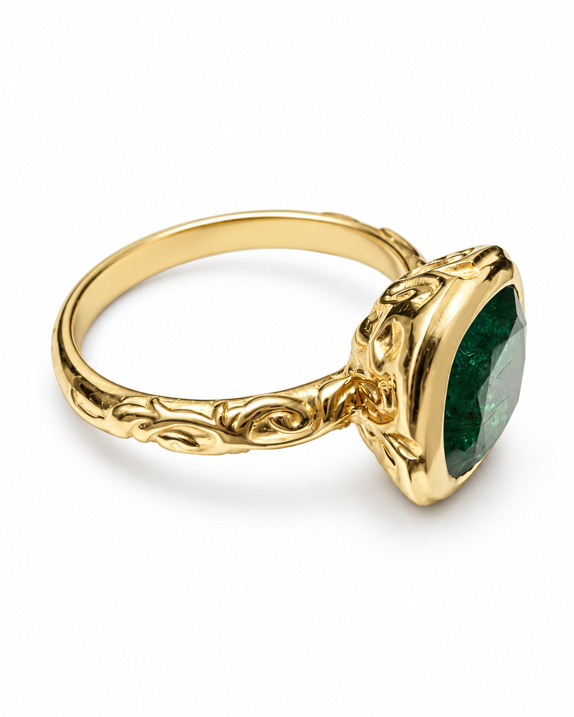 2.80ct 14K Rich Dark Green Cushion Cut Emerald Solitaire Floral Etching Gold Ring