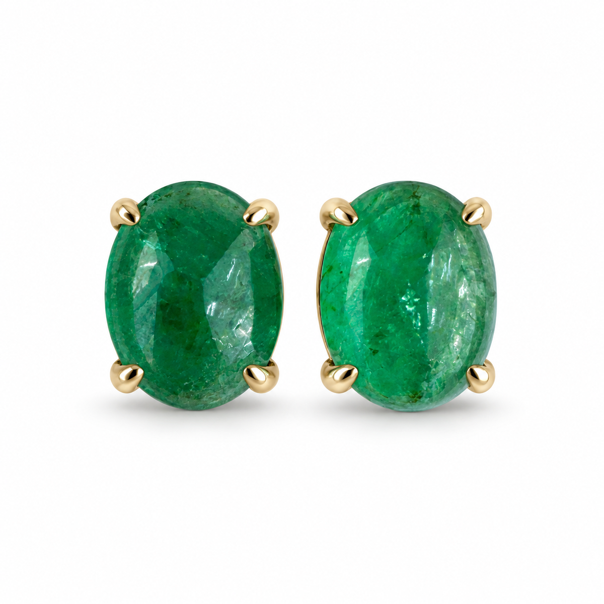 Oval emerald cabochon stud earrings in 14K yellow gold with 3.69tcw, featuring a classic solitaire design by JR Colombian Emeralds