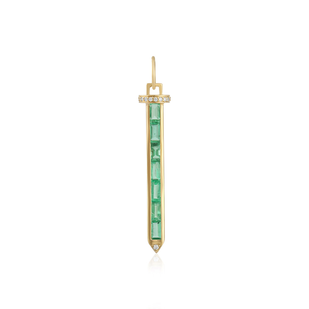 Emerald Baguette & Diamond Sword Necklace 14K Gold