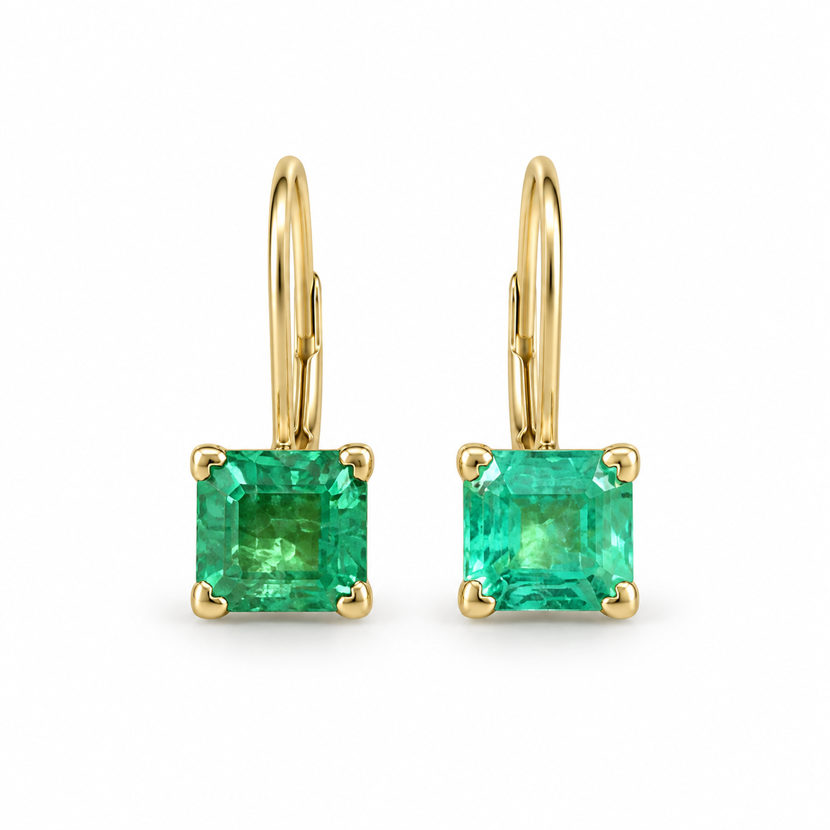 Square emerald leverback earrings with fleur de lis design, crafted in 14K gold and featuring 1.44 carats of emeralds by JR Colombian Emeralds.