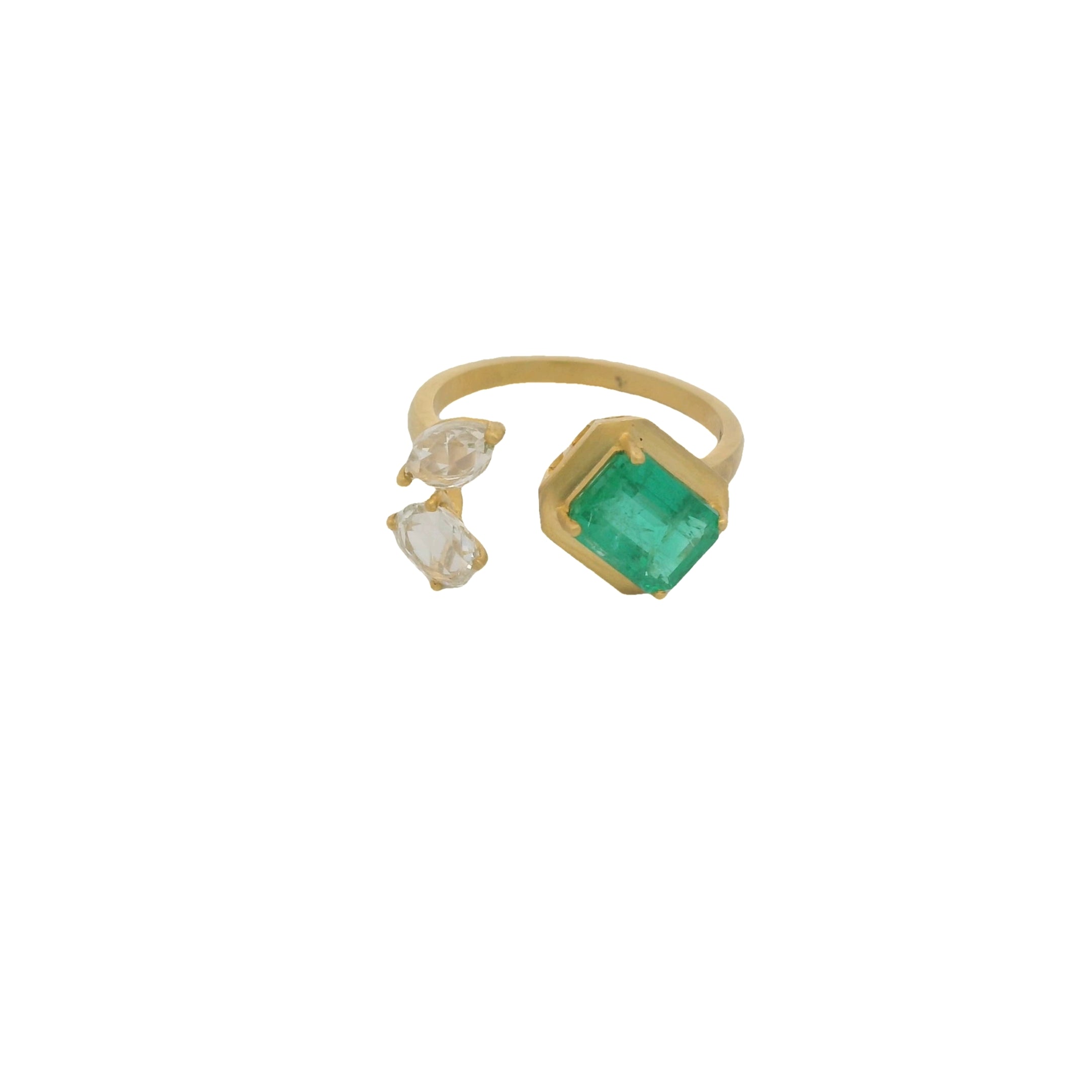 2.46tcw 18K Vivid Green Emerald Cut Emerald & Diamond Accent Three Stone Bypass Sand Blast Gold Finish Ring