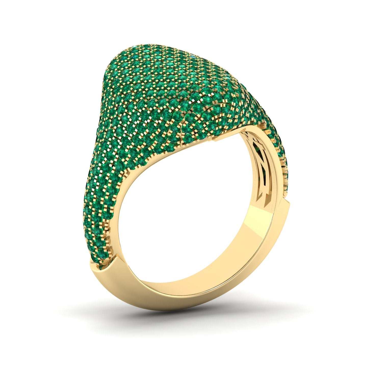 14K gold Emerald Pave Signet Ring with 2.01ct medium green round emeralds, pavé setting