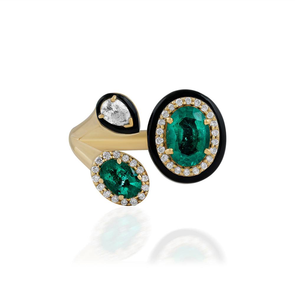 3.87tcw Oval Emerald, Diamond, and Black Onyx Cluster Statement Ring in 14K Gold - JR Colombian Emeralds