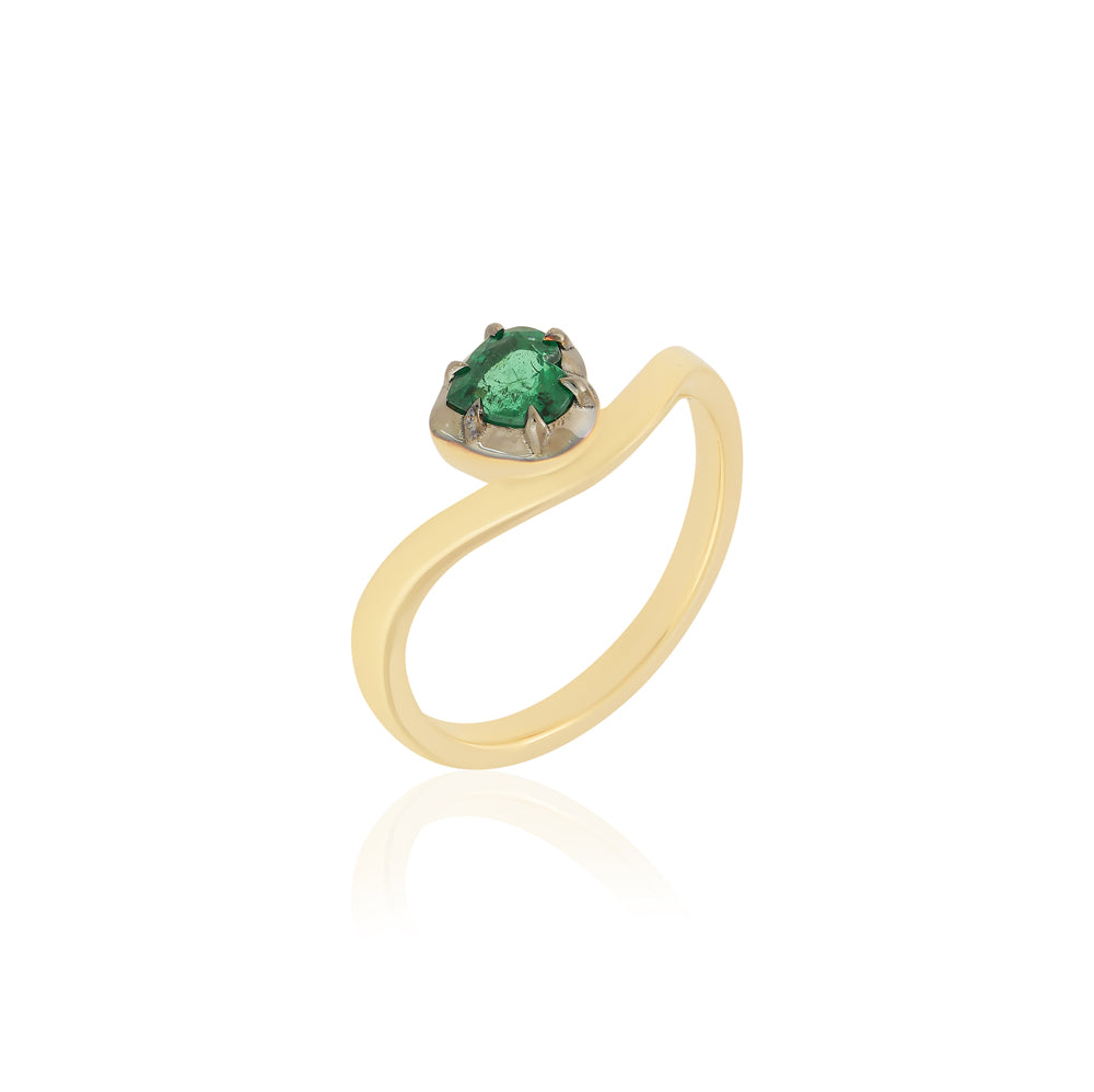 14K gold heart-shaped emerald solitaire ring with black rhodium finish, featuring a 0.53ct natural emerald and multi-prong setting.