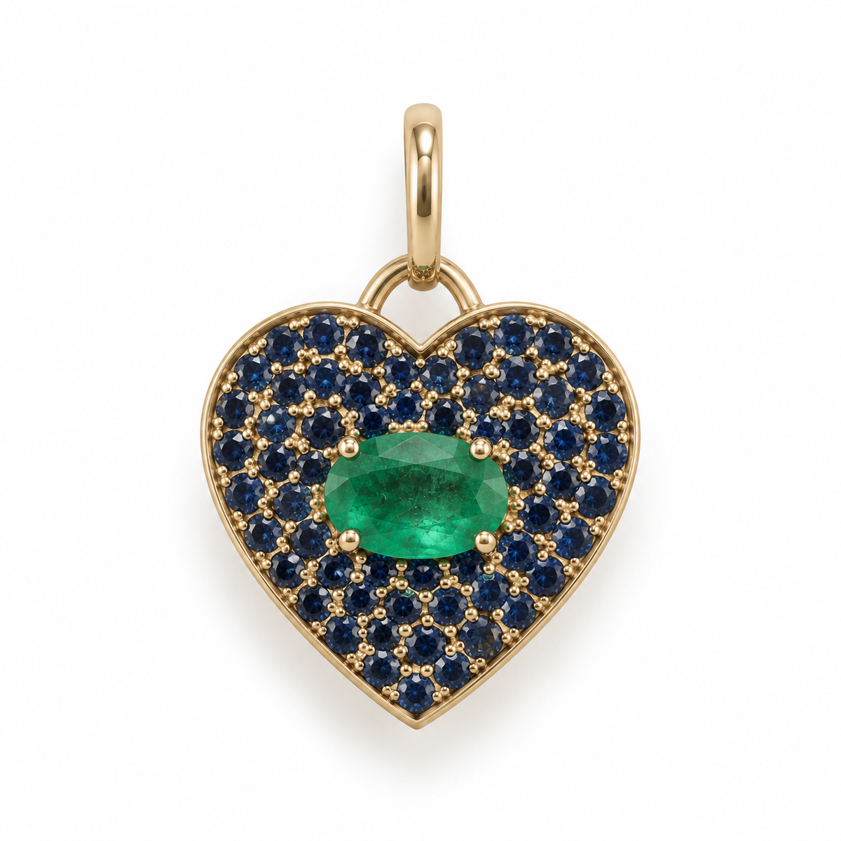 1.10tcw Emerald & Blue Sapphire Heart Charm 14K
