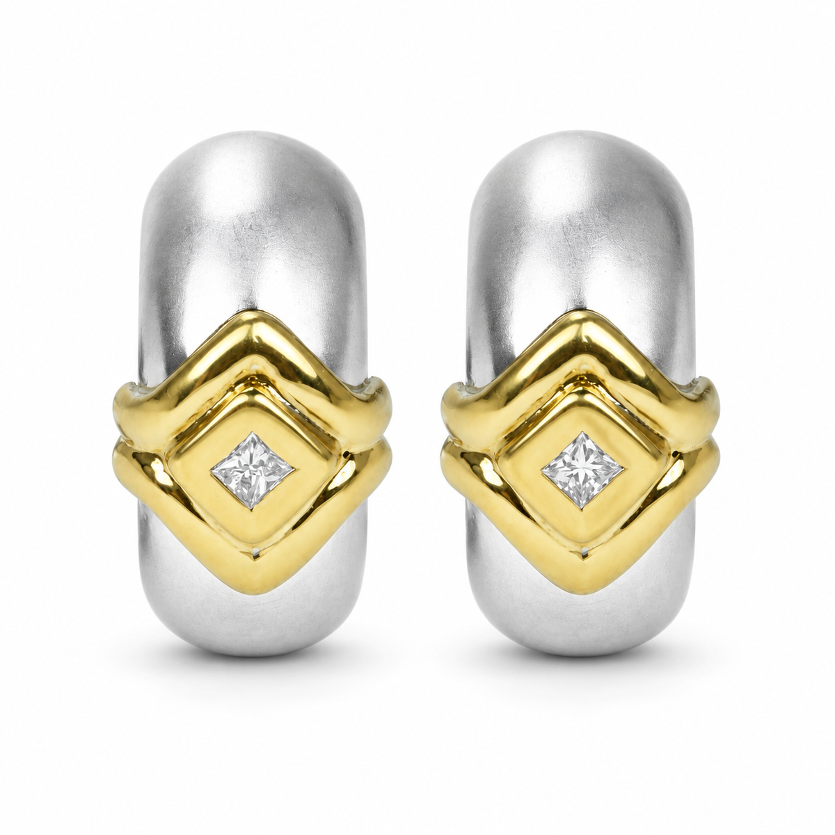 Omega Matte Huggie Earrings Princess Cut Diamond Two Toned 18K