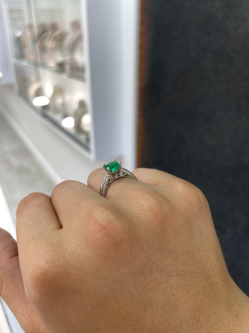 Colombian Emerald 2.44tcw 18K white gold engagement ring with cushion cut emerald and diamond accents, elegant jewelry design