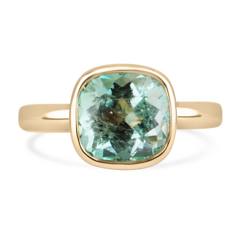 Elegant 18K Gold Ring with Bezel Set Cushion Cut 2.88ct Mint Green Emerald