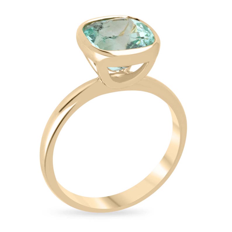 18K Gold Bezel Set Ring Showcasing a 2.88ct Mint Green Cushion Cut Emerald