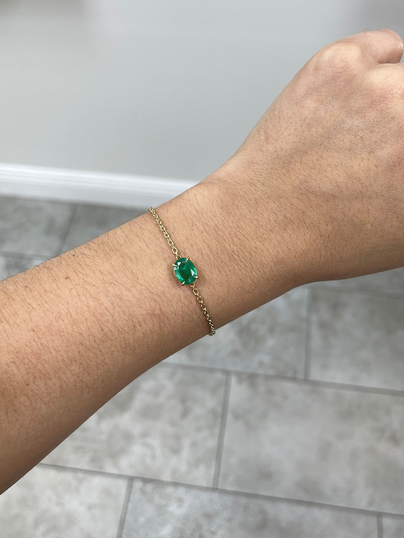 Unisex 2.0ct Colombian Emerald bracelet with 14K yellow gold, vivid medium dark green oval cut solitaire emerald.