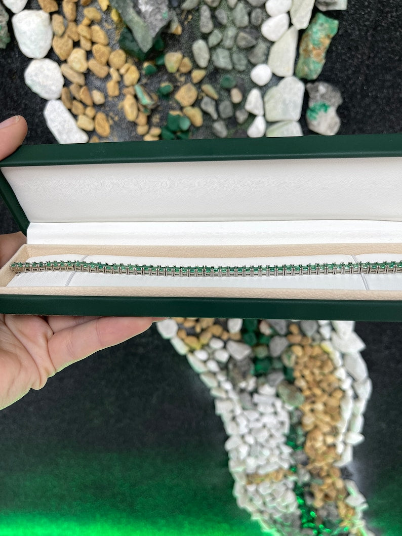 Unisex 14K white gold tennis bracelet with medium green square princess cut emeralds, 7.0 carats, from Colombian Emerald brand.