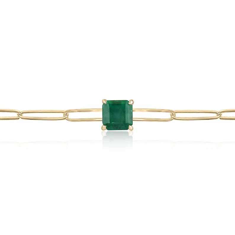 14K Colombian emerald bracelet with 1.80ct dark green Asscher cut emerald in a paperclip square design with 4-claw prongs.