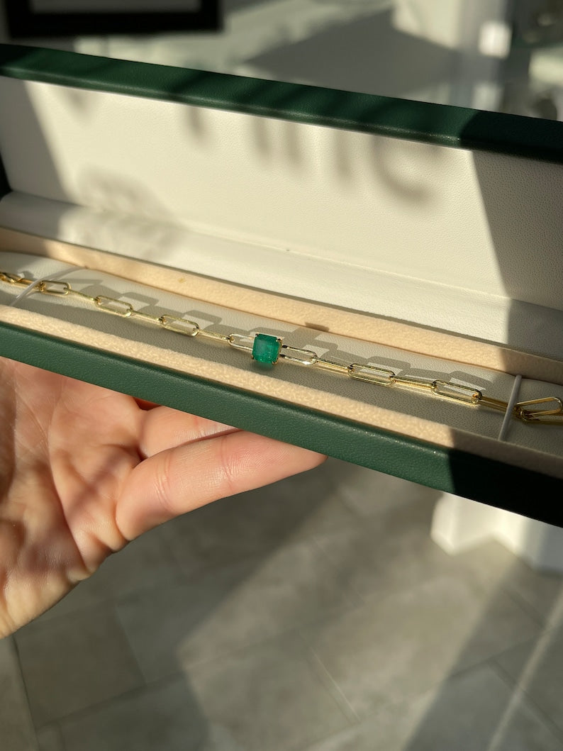 Colombian Emerald 1.80ct dark green Asscher cut emerald bracelet with paperclip square design and 4-prong setting on a 14K gold bracelet