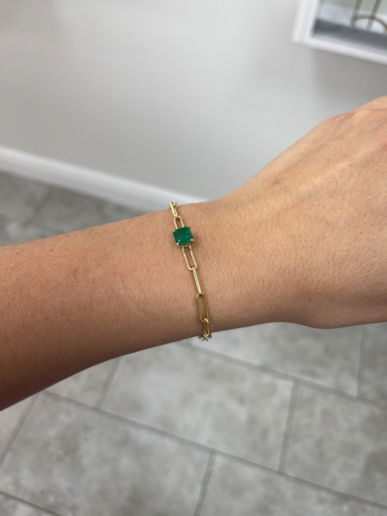 Colombian Emerald 1.80ct dark green Asscher cut emerald solitaire paperclip bracelet with 14K gold, 7x7mm square, 4-claw prongs