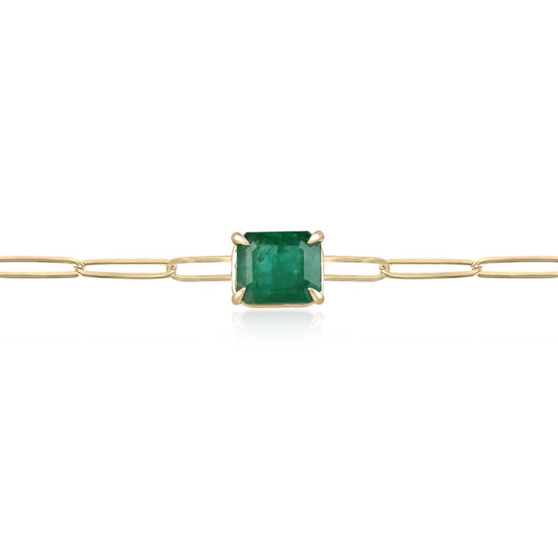 2.68 Carat 14K Solitaire Bracelet with Natural Emerald Cut Gemstone in a Luxurious Dark Green Shade and Paperclip Design