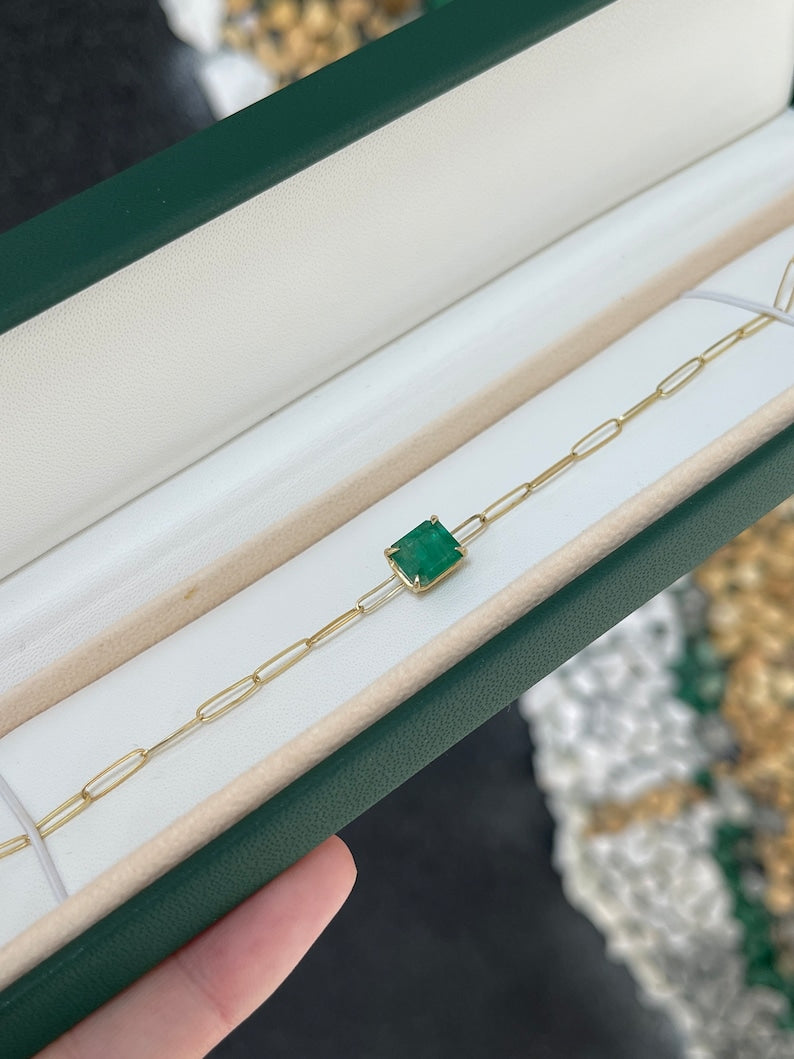 Striking 14K Solitaire Paperclip Bracelet Highlighting a 2.68ct Natural Emerald Cut Gem in a Lush Dark Green Shade and 4-Claw Prong Setting